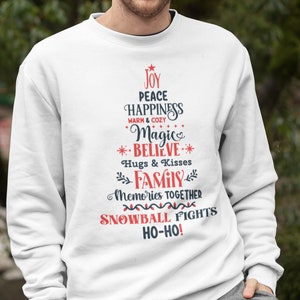 Joy, Peace, Happiness Unisex Heavy Blend Crewneck Sweatshirt, Christmas Tree Design, Seasons greetings sweatshirt, gift for him or her