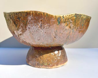 Sculptural Wood Fired Ceramic Pedestal Bowl: Brown/Blue Glaze