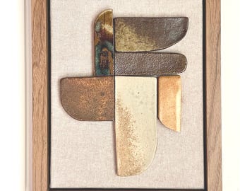 Handmade Wood Fired Ceramic Tile Art: Walnut Frame, Linen Canvas
