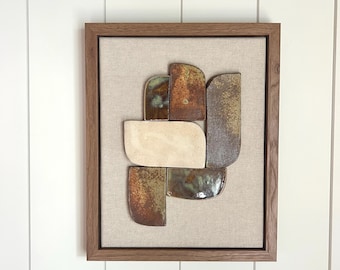 Handmade Wood Fired Ceramic Tile Wall Art | Walnut Frame