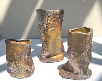 Sculptural Wood Fired Ceramic Vase Set: Handmade Textured Vessels
