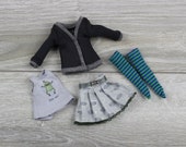 Blythe doll shirt gray frog print jacket black skirt dress socks green outfit clothes 1 6 30 cm