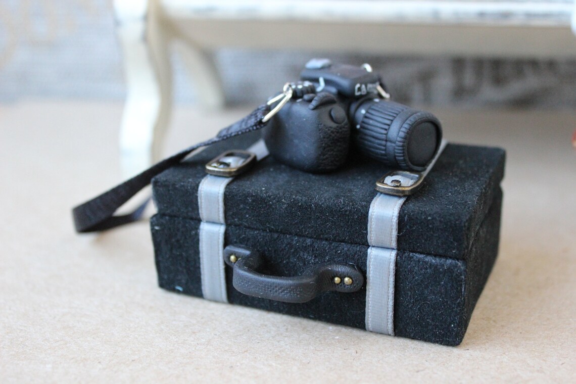 Doll suede black suitcase bag camera miniature furniture Etsy