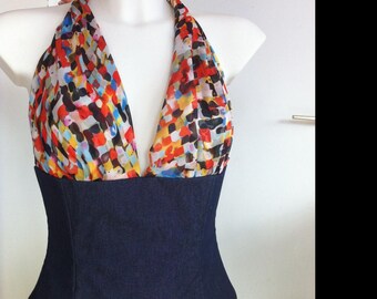Naked back of denim and chiffon laced in the back