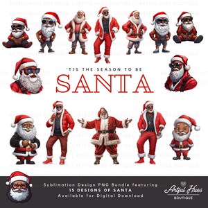 Black Santa Png Bundle, Christmas Sublimation, African American Mr. Claus, Melanin Christmas SVG, Transparent Background, Cartoon Style