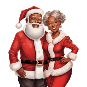 Png di Babbo Natale nero e signora Claus dell'America africana, sublimazione natalizia, sfondo trasparente, Babbo Natale e signora Claus, stile cartone animato