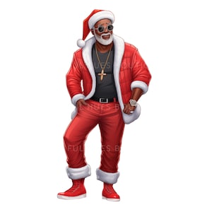 Black Santa Png, Christmas Sublimation, African American Mr. Claus, Melanin Christmas SVG, Transparent Background, Cartoon Style