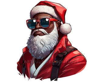 Op de afbeelding: Illustratie van de Kerstman met een zwarte huidskleur, een rode hoed en jas, en een zonnebril. Hij heeft een witte baard en snor. De afbeelding heeft de tekst "ARTFUL HUES BOUTIQUE" onderaan.