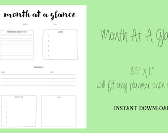 Month at A Glance Day at A Glance Printable Planner Pages, Daily ...