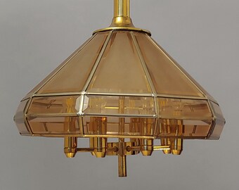 Mid-Century Brass and Beveled Glass 8-Arm Chandelier