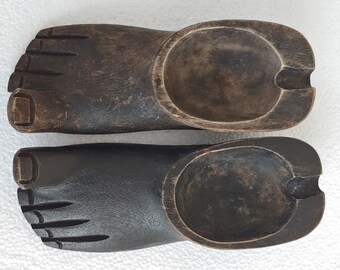 Hand Made Wooden Ashtrays / Two, Human Foot Shaped Ashtrays