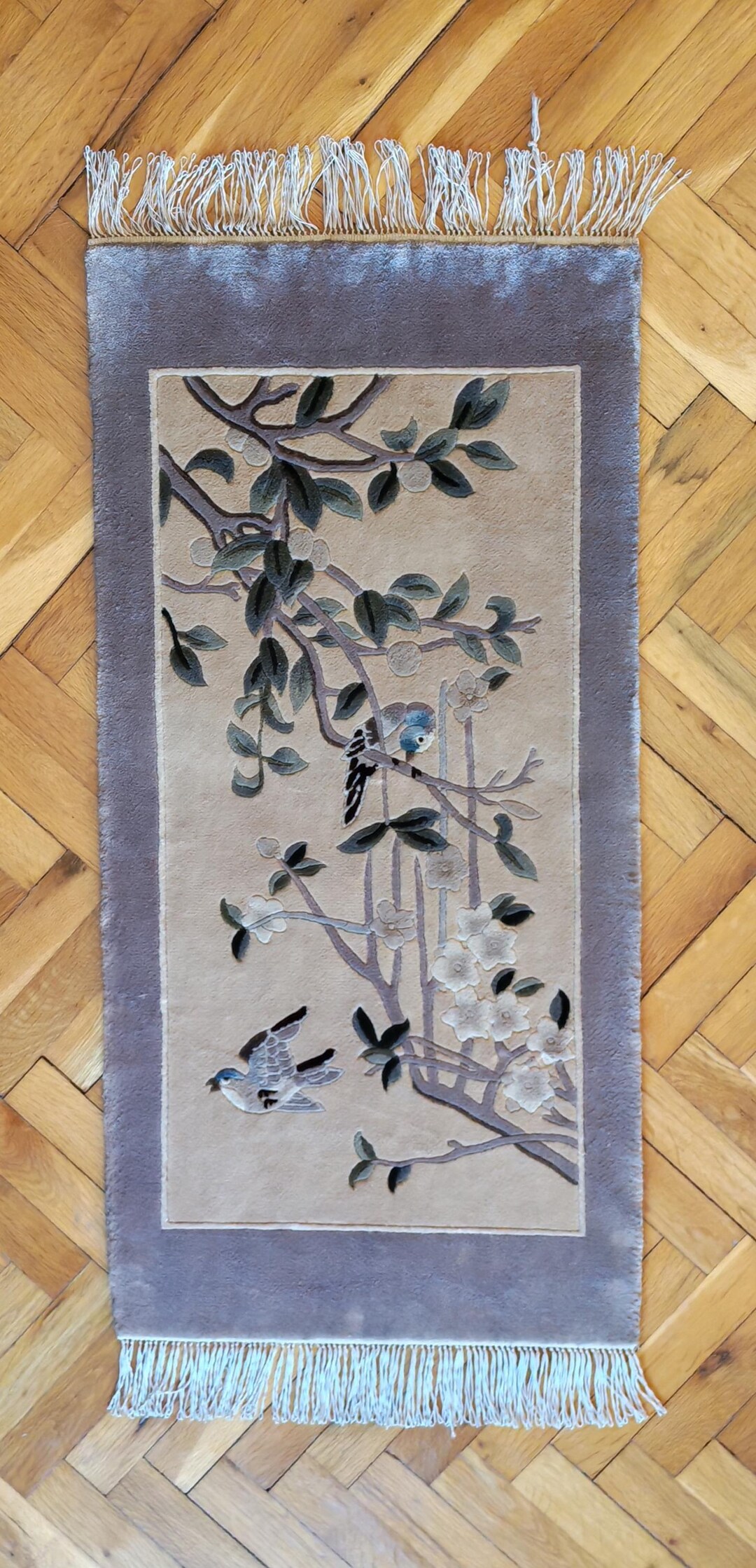 1988 Vintage Chinese Silk Rug | 120 Line Hand-knotted | Art Deco Birds ...