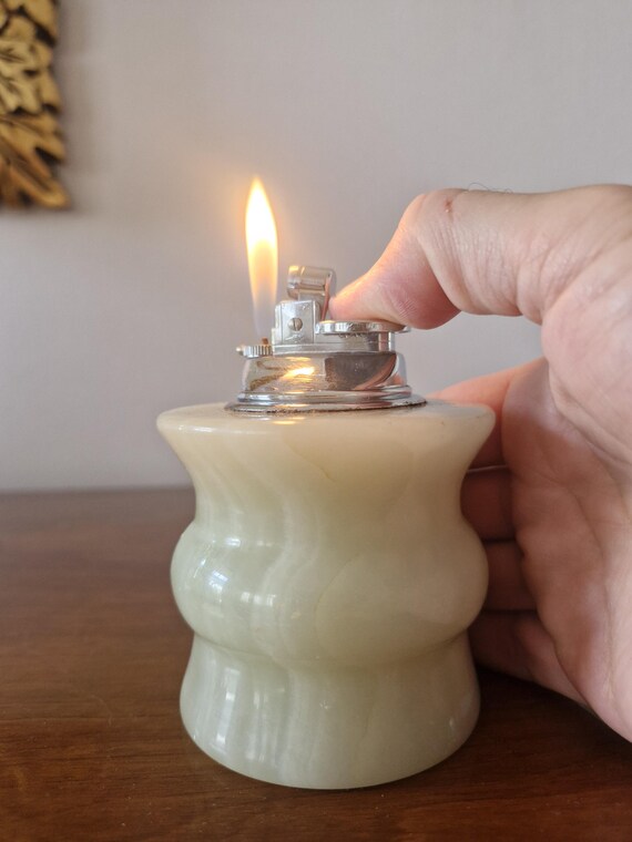Vintage Onyx Table Lighter-Mid Century Executive  Office Gift- Green Natural Stone Desk Accessory-Working Condition