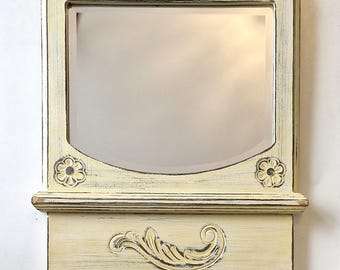 Vintage 1970s Hand-Carved Wood Mirror, Beveled Glass Wall Decor