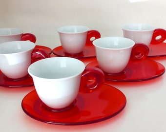 Unused Omada Espresso Set of 6, Angeletti Ruzza Design, Red & White Italian Porcelain Cups