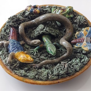 Antique Ceramic Art Palissy Ware Plate, Caldas da Rainha,Portugal Herculanos Elias 1905