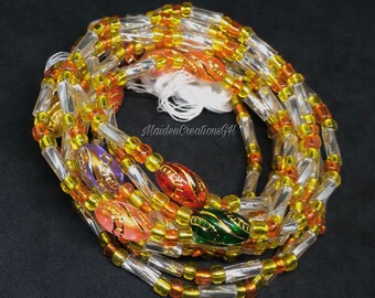 MaidenCreationsGH Glass Seed Beads African Waist Beads Glossy clear bugle Ghana Waist Beads sets with CLASP