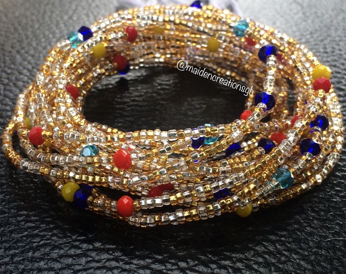 African Waist Beads. Glass Seed Beads. Ghana Waist Beads. Gold, Clear