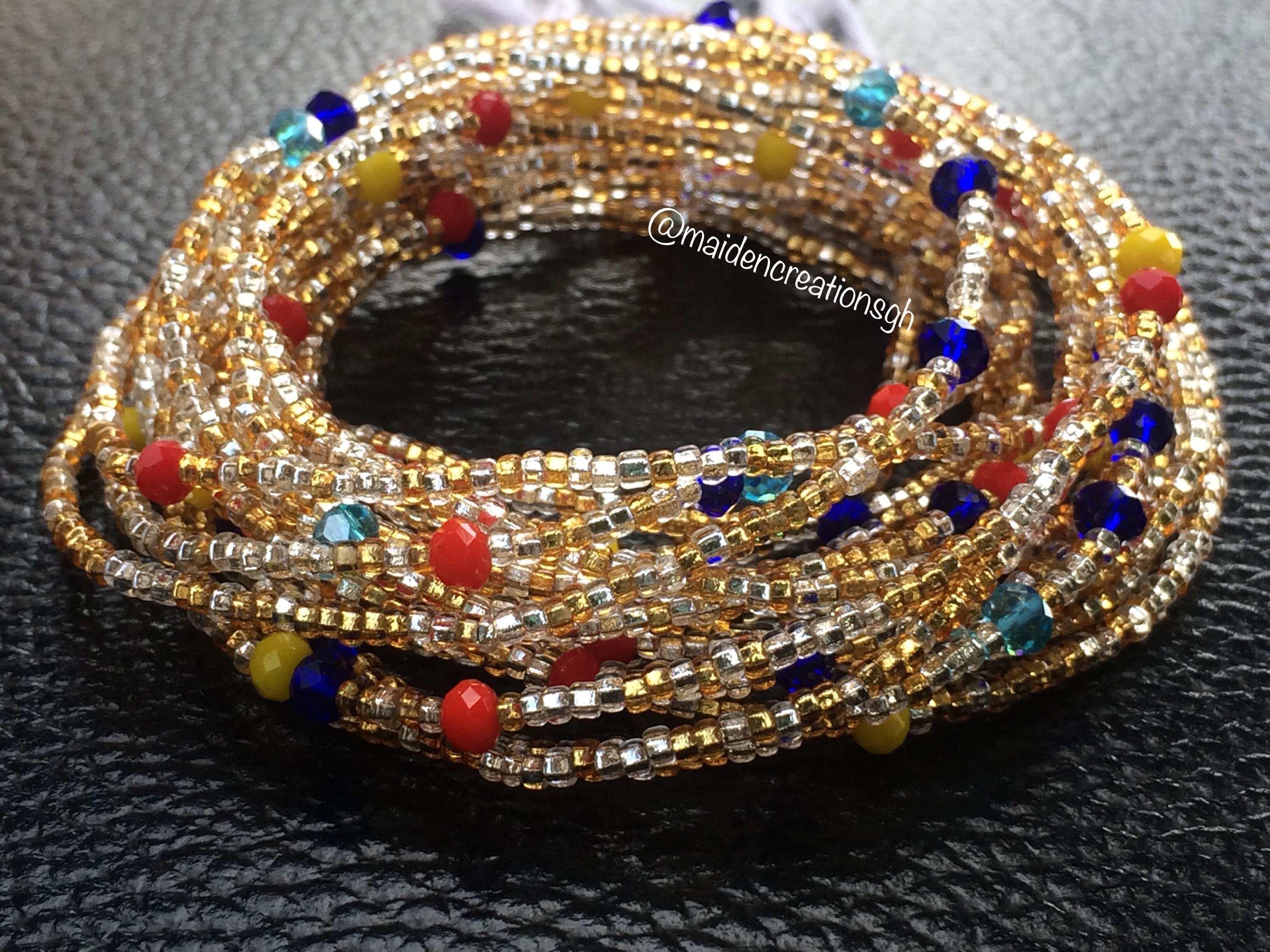 MaidenCreationsGH Glass Seed Beads African Waist Beads Glossy clear bugle Ghana Waist Beads sets with CLASP