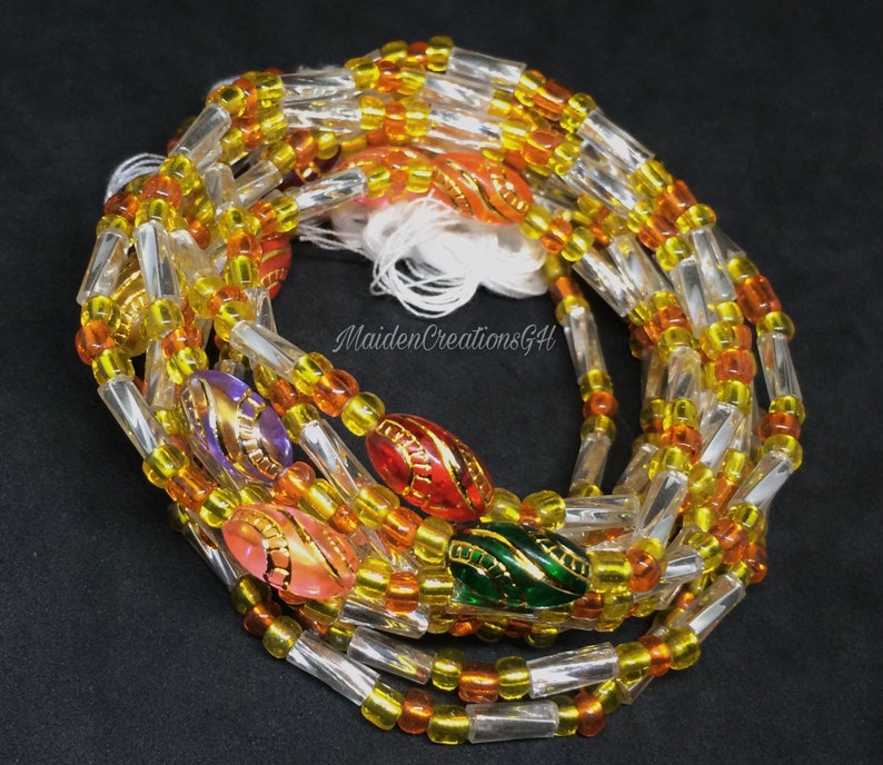 MaidenCreationsGH Glass Seed Beads African Waist Beads Glossy clear bugle Ghana Waist Beads sets with CLASP
