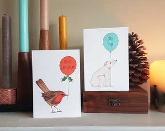 Luxury Christmas Card 6 pack - Robins and Polar Bears / Hand illustrated / Vintage / Scandi style / Animals