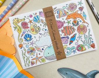 Kids Party Bag fillers - Ocean theme colouring postcards - eco friendly birthday favours, underwater sea-life creatures more to colour