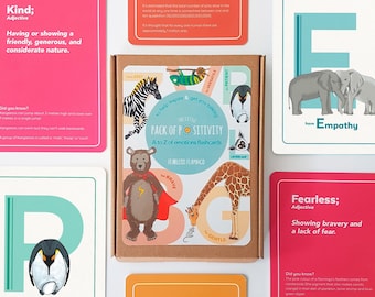 May include: A set of colorful flashcards with illustrations of animals and definitions of positive character traits. The cards are part of a larger set called "The Little Pack of Positivity: A to Z of Emotions Flashcards".