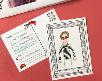 Kid's Colouring postcards with writing prompts - a set of 8 portraits to colour and send