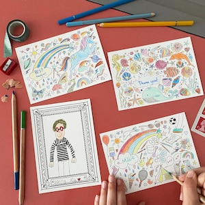 Kid's Colouring postcards - mixed set of 8 fun postcards to colour & send, 4 themes included - unicorn, ocean, portraits and writing prompts