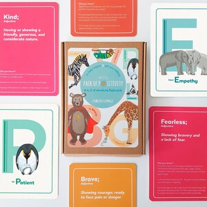 Cartes alphabétiques de l'alphabet pour petits apprenants - un alphabet animal de 26 émotions et attitudes positives, un outil pédagogique pratique pour l'enseignement à la maison sur la pleine conscience