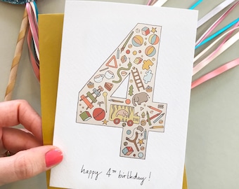 Vintage Toy 4th Birthday Card: Hand-Drawn Illustration