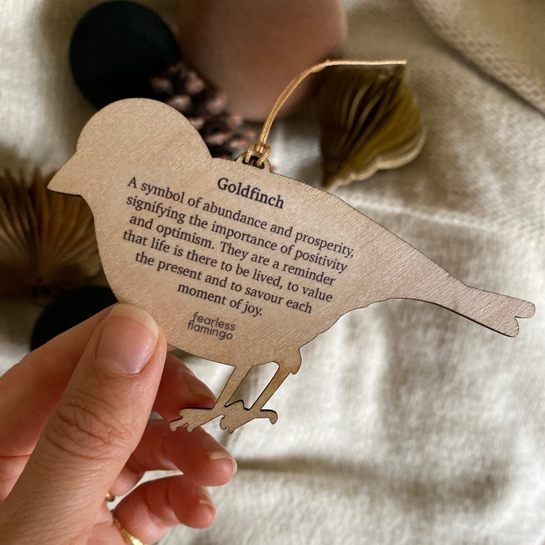 Goldfinch wooden decoration - illustrated bird keepsake with symbolism on the back