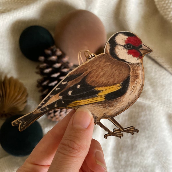 Goldfinch wooden decoration - double sided illustrated bird keepsake with symbolism on the back. Perfect for Christmas and Easter trees.