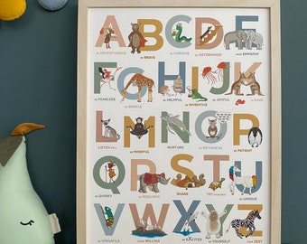 Emotions Alphabet nursery print - an A to Z of animals and positive emotions in beautiful natural tones, scandi style playroom poster