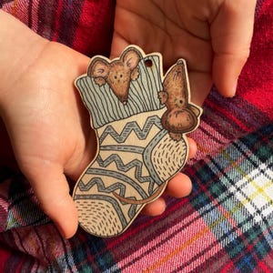 Christmas Stocking Mice ornament – Wooden Tree Decoration | Cosy vintage style Holiday keepsake