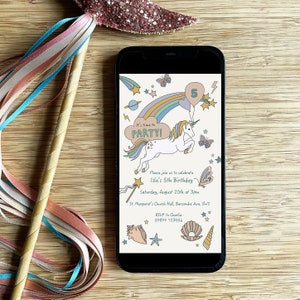 DIGITALE magische kinderfeestuitnodiging, gevuld met eenhoorns, regenbogen en sterren, gepersonaliseerd met je verjaardagsinformatie, klaar om te sms'en
