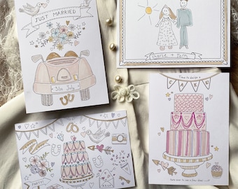 Wedding table activity for kids - Mixed set of 8 colouring cards for your mini guests to draw beautiful mementoes, individually wrapped gift