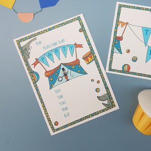 May include: A colorful circus party invitation with a blue and white striped tent, a clown, an elephant, and a drum. The invitation says "Please come to my party".