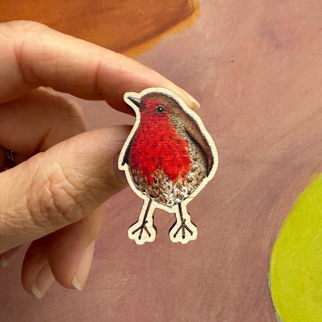 Robin Pin Stan Wooden Robin Pin Badge - Hand Illustrated Nature Badge, Robin Redbreast ...
