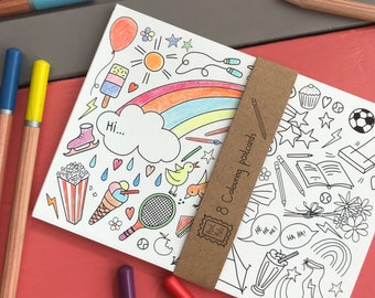 Kid's colouring postcards with writing prompts - 8 pack of fun postcards to colour & send! Eco friendly party bag or stocking filler gifts