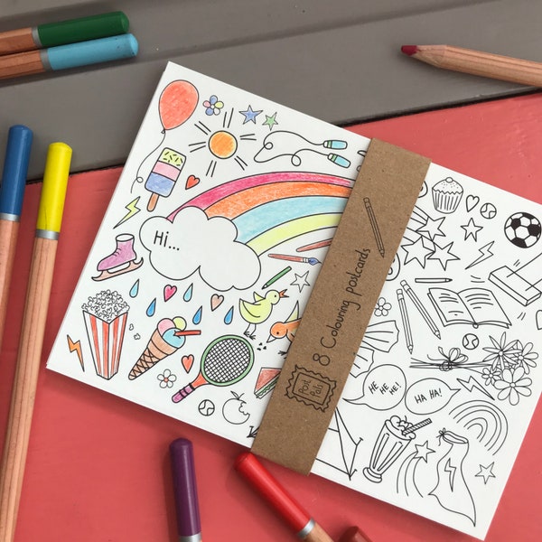 Cartoline da colorare per bambini con suggerimenti per la scrittura - Confezione da 8 cartoline divertenti da colorare e inviare! Borsa da festa ecologica o regalo per riempire la calza