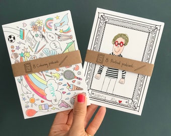 Kid's Colouring postcards - double pack saver of your 2 favourite designs - choose from ocean, magical, portraits and writing prompt themes