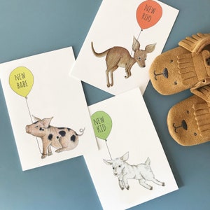 3 card bundle of unisex New Baby cards - handy pack of gender neutral baby cards with hand illustrated cute piglet, cheeky kid & kangaroo