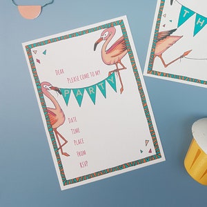 Flamingo kids party invitations - ready to write with envelopes