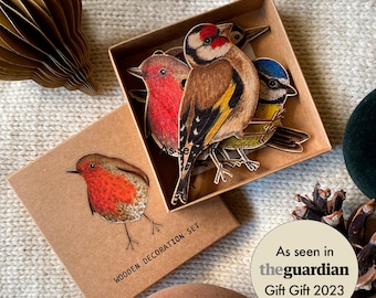 5 piece British Garden bird wooden decoration Gift box set. As featured in The Guardian Best Gifts Guide 2023 (Robin, BlueTit, Goldfinch)