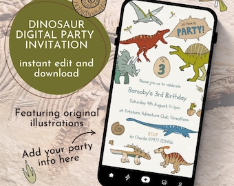 May include: A digital invitation for a dinosaur themed birthday party. The invitation features a colorful illustration of dinosaurs and the text "It's time to party!"  The invitation is for Barnaby's 3rd birthday and includes the date, time, and location of the party.  RSVP information is also included.