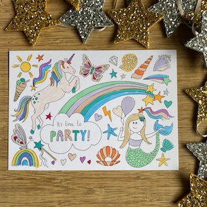 Kids Magical unicorn party invitations to colour (8 pack) - ready to write and personalise with colour - mermaids, rainbows, shells and more