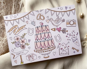 Kid's Wedding activities - 8 fun wedding themed colouring postcards