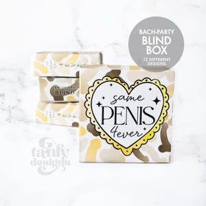 May include: A bachelorette party blind box with 12 different designs. The box features a heart-shaped design with the text "same PENIS 4ever" in black and gold. The box has a white background with a pattern of phallic shapes.