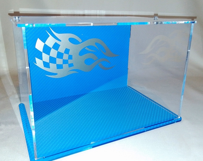 Perspex Display Case - Dustproof Cases - Display Cube - 3D Carbon Vinyl Wraped - 3D Blue Motorsport Flame